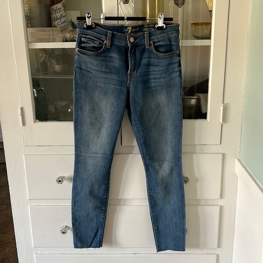 7 for all mankind the ankle skinny raw hem stretch blue denim jean 28 M